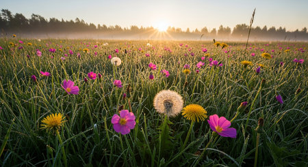 Foggy meadow with dandelions and flowers at sunriseの素材