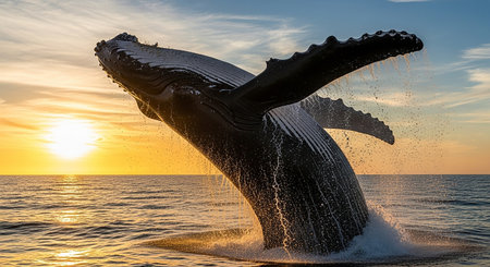 Humpback whale splashing out of the water at sunset.の素材