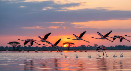 Flamingos at sunset in Chobe National Park, Botswana, Africaの素材
