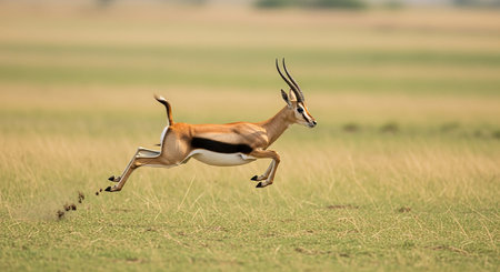 Springbok antelope running in the Masai Mara National Park in Kenyaの素材