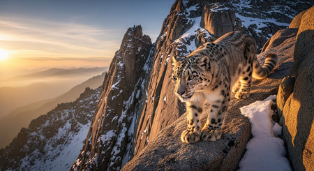 Snow leopard (Panthera leo) on the top of a mountainの素材