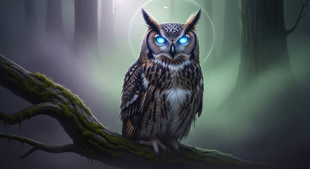 Beautiful owl in the forest. 3D render of an owl.の素材