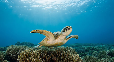 Green sea turtle swimming over a coral reef in the deep blue oceanの素材