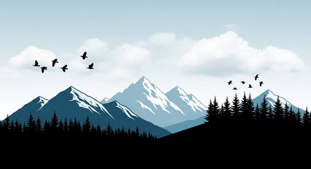Mountain landscape with forest and flying birds. Vector illustration for your designの素材