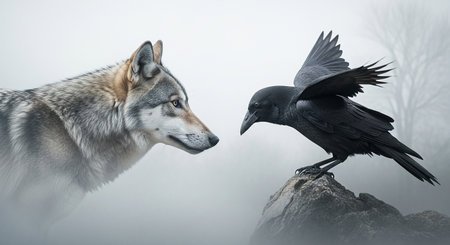 Black raven and grey wolf in the fog. Wild nature scene.の素材