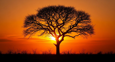 Silhouette of a tree at sunset in Serengeti, Tanzaniaの素材