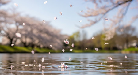 Cherry blossom petals falling into the water during the cherry blossom seasonの素材