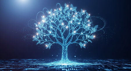 Abstract digital tree on dark blue background. Technology concept. 3D Renderingの素材