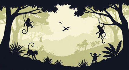 Silhouette of monkey in the jungle with birds. Vector illustration.の素材