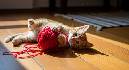 Cute ginger kitten playing with a ball of yarn on the floorの素材