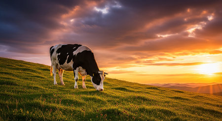 Cow grazing on a meadow in the mountains at sunset. Nature backgroundの素材