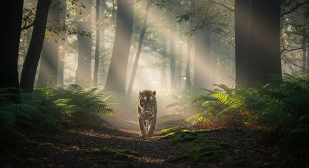 Tiger walking in the forest with sunbeams through the treesの素材