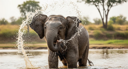 Elephant splashing water in Chobe National Park, Botswana, Africaの素材