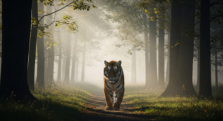 Tiger walking in the forest at sunrise. 3D rendering.の素材