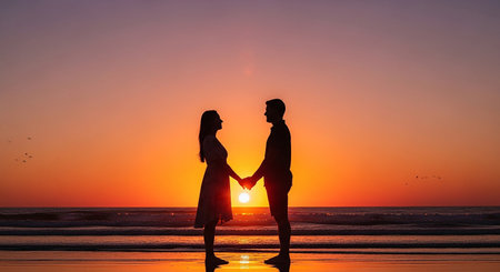 Silhouette of couple holding hands on the beach at sunset.の素材