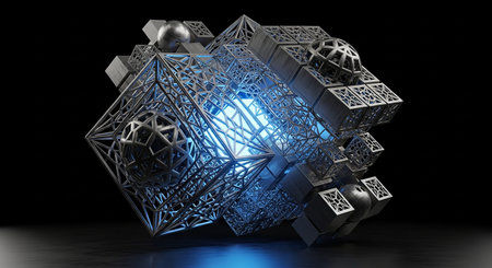 3d rendering of abstract geometric shape in dark space with blue lightの素材