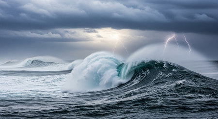 Stormy ocean wave with lightning and stormy sky. 3D Renderingの素材