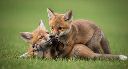 Red fox (Vulpes vulpes) cubs playing in grassの素材