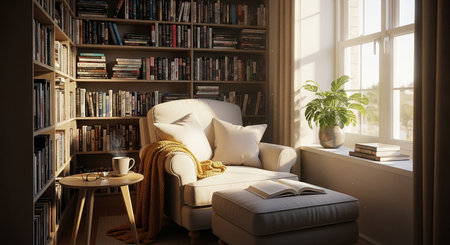 Cozy living room interior with bookshelf and armchair. 3d renderの素材