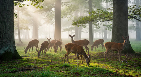 Deer herd in the morning mist at sunrise in the forest.の素材