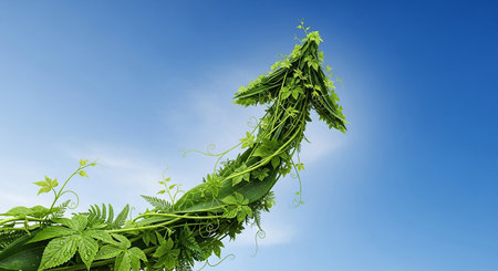 Green leaves in the form of a fern on a blue sky backgroundの素材