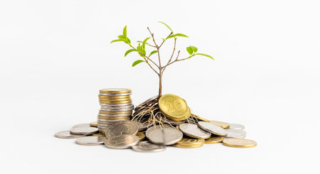 Investment concept, Coins with tree growing on white background, Save money for prepare in the futureの素材