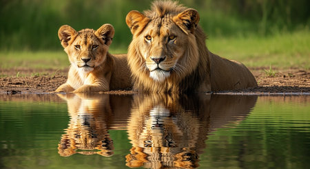 Lion and lioness (Panthera leo) at a waterholeの素材