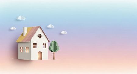 Real estate concept with house and trees. Paper art style. Vector illustration.の素材
