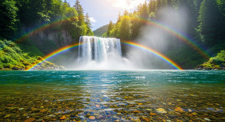 Waterfall in the forest and rainbow in the sky. Beautiful summer landscape.の素材