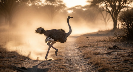 Ostrich in the morning mist at Okavango Delta, Botswanaの素材