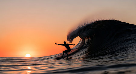 Surfer in ocean wave at sunset. Surfer in ocean wave at sunset.の素材