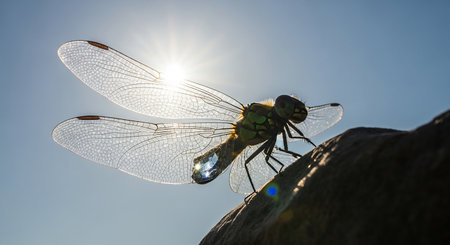 Dragonfly on a rock with the sun shining in the background.の素材