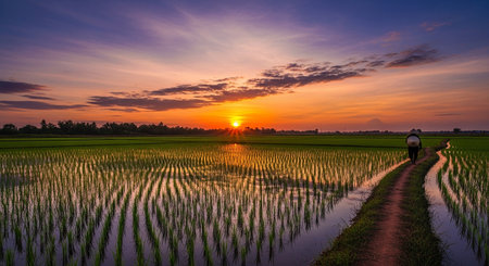 Rice seedlings in the field at sunset in Thailand, Asiaの素材