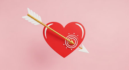 Red heart pierced by an arrow on a pink background. 3d renderingの素材