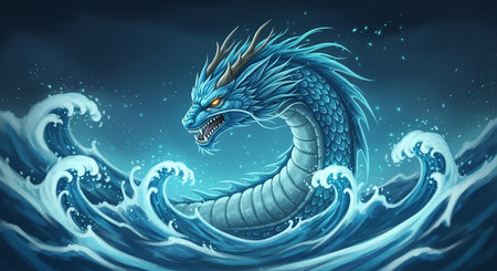 Dragon in ocean waves. Cartoon illustration of dragon in sea waves.の素材
