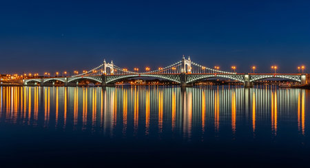 Night view of the Rainbow Bridge over the Danube river in Budapest, Hungaryの素材