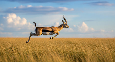 Springbok jumping in the high grass of the Okavango Delta, Botswanaの素材