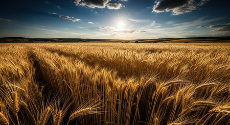 Sunset over wheat field in summer. Beautiful landscape of wheat field.の素材