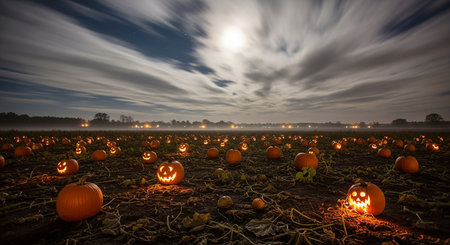 Halloween pumpkins in a field at night with moon and cloudsの素材