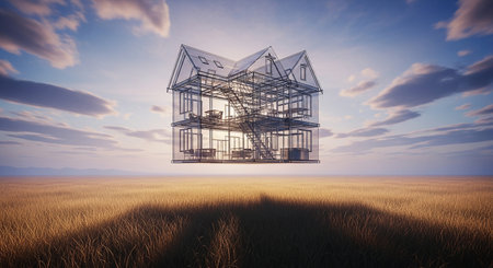 3D render of a house in a field under a blue skyの素材