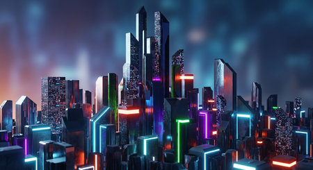 Futuristic city with glowing neon lights. 3D Renderingの素材