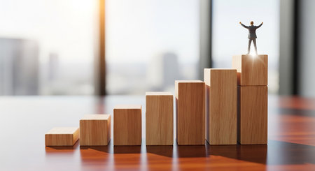 Businessman standing on top of wooden bar graph. Success and growth conceptの素材