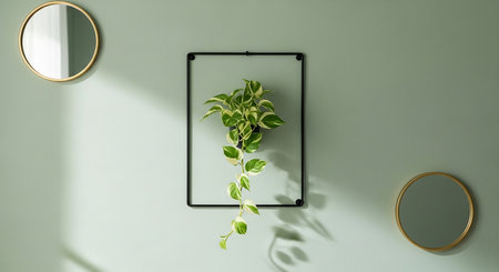 Interior of modern bathroom with green walls, round mirror and plant. 3d renderingの素材