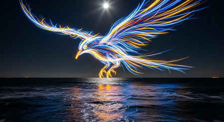Beautiful light trails of a bird on the sea in the nightの素材