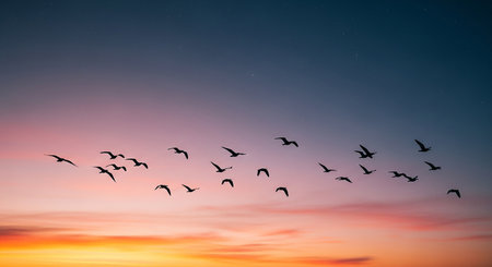 A flock of seagulls flying over the sunset sky.の素材