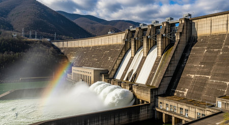 Hydroelectric power plant with rainbow in the sky. Panoramaの素材