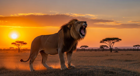 Lion at sunset in Serengeti National Park, Tanzaniaの素材