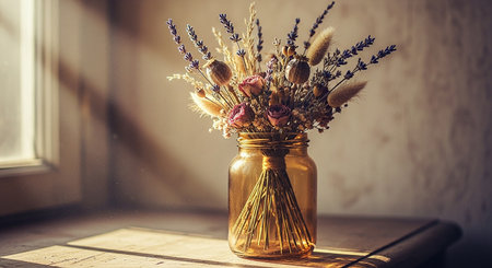 Bouquet of dried flowers in a glass vase on the tableの素材