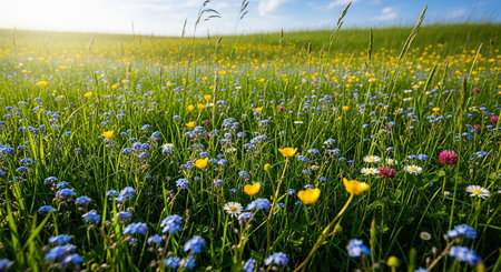 Spring meadow with wildflowers and blue cornflowers.の素材