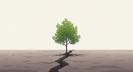Illustration of a tree breaking through the ground with a crack in the groundの素材